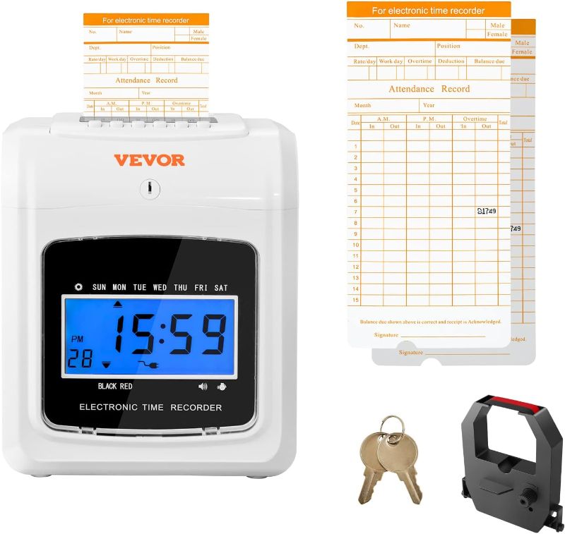 Photo 1 of VEVOR Punch Time Clock, Time Tracker Machine for Employees of Small Business, 6 Punches per Day, Time Clock Punch Machine Includes 2 Time Cards, 1 Ink Ribbon and 2 Security Keys
