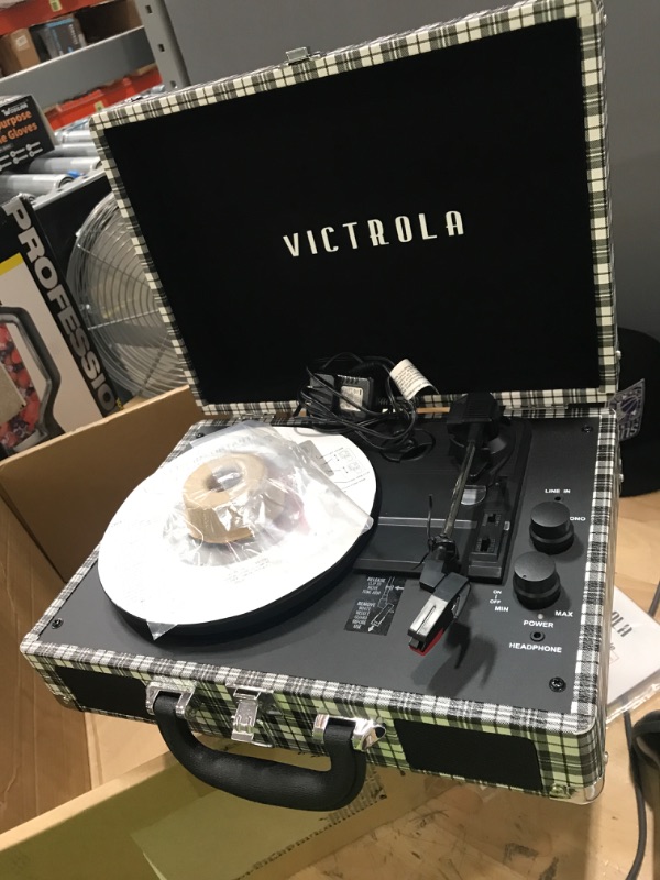 Photo 3 of Victrola Vintage 3-Speed Bluetooth Portable Suitcase Record Player with Built-in Speakers | Upgraded Turntable Audio Sound | Black & White