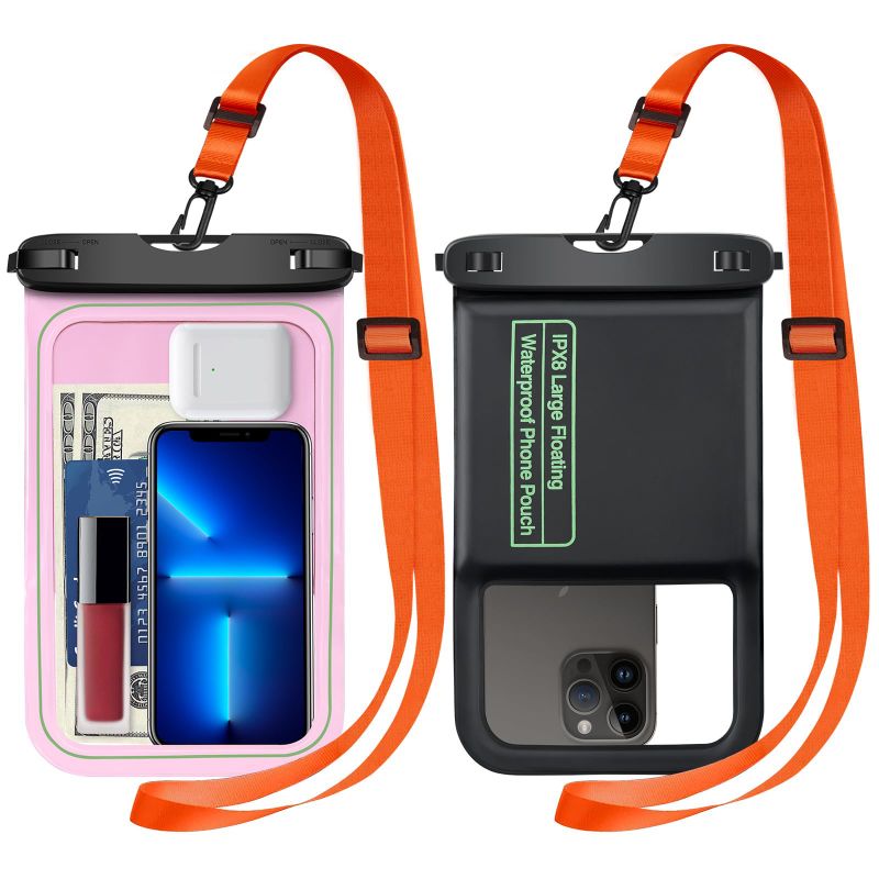 Photo 1 of [2 Pcs] Waterproof Phone Pouch Floating, Large Waterproof Cell Phone Case, IPX8 Waterproof Dry Bag with Lanyard for iPhone 14 Pro Max/ 13/12/ 11/ Galaxy S23 Ultra/ S22 Vacation Swimming - Black/Pink