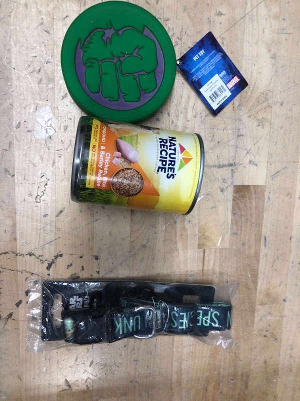 Photo 1 of 3 piece dog items: chew toy, can of wet food, and large collar