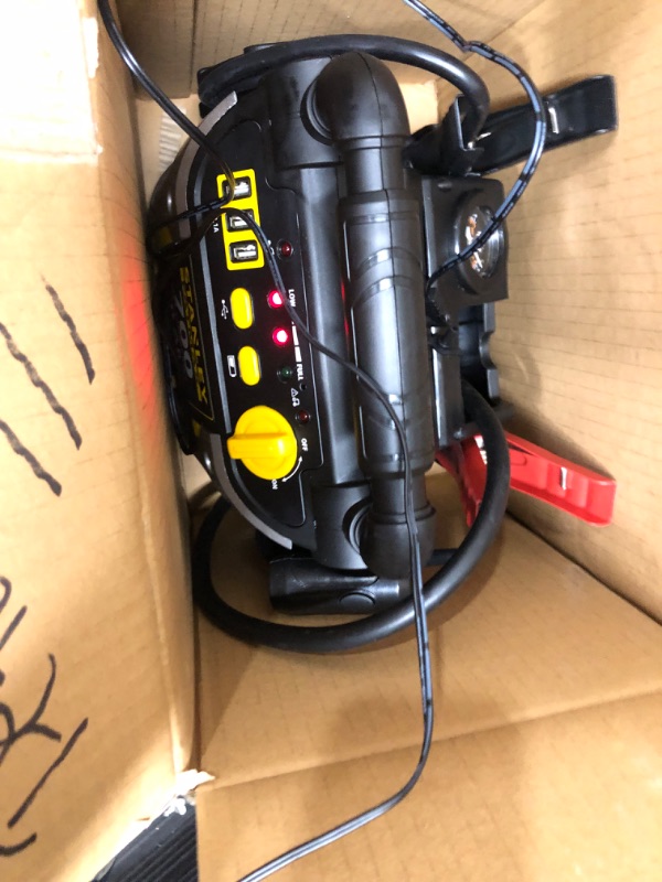Photo 2 of **POWERSON ONLY WHEN PLUGGED INTO POWER OUTLET***DOES NOT HOLD CHARGE**
STANLEY FATMAX J7CS Portable Power Station Jump Starter: 700 Peak/350 Instant Amps, 120 PSI Air Compressor, 3.1A USB Ports, Battery Clamps