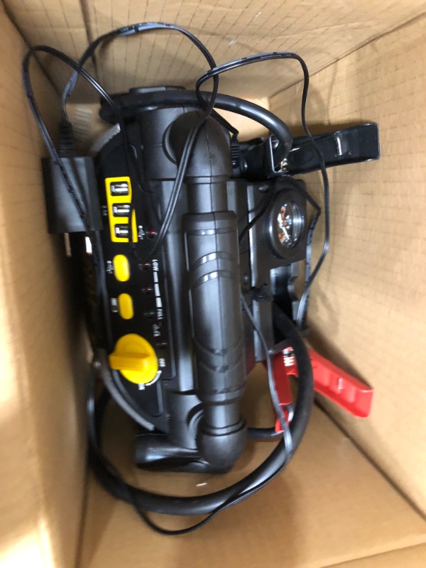 Photo 3 of **POWERSON ONLY WHEN PLUGGED INTO POWER OUTLET***DOES NOT HOLD CHARGE**
STANLEY FATMAX J7CS Portable Power Station Jump Starter: 700 Peak/350 Instant Amps, 120 PSI Air Compressor, 3.1A USB Ports, Battery Clamps