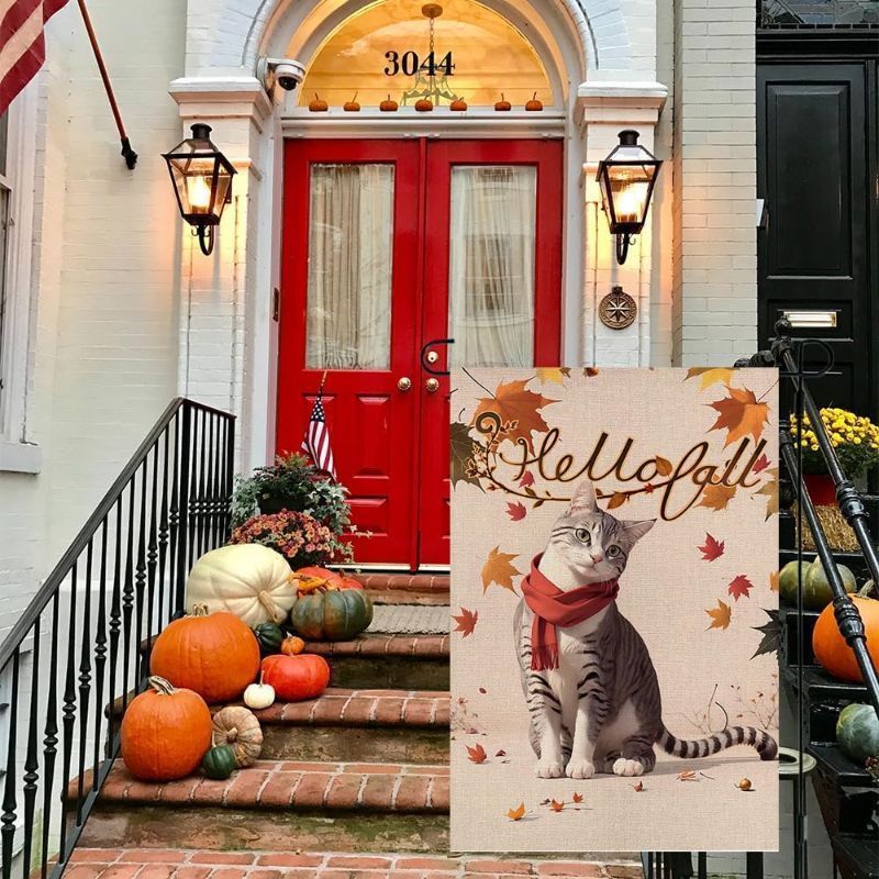 Photo 1 of 2 Hello Fall Garden Flags Cat Maple leaf Autumn Garden Flags 12x18 Double Sided Autumn Outdoor Decorations for Home
