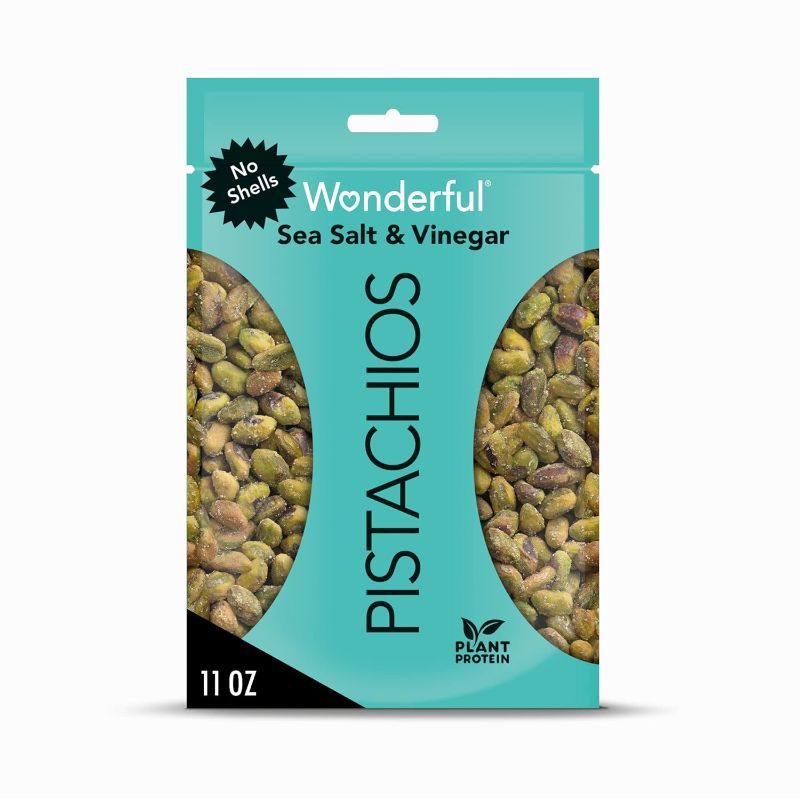 Photo 1 of **EXP DATE: 11/16/2023
2 PACK Wonderful Pistachios, No Shells, Sea Salt & Vinegar Nuts, 11oz Resealable Bag
Flavor Name:Sea Salt