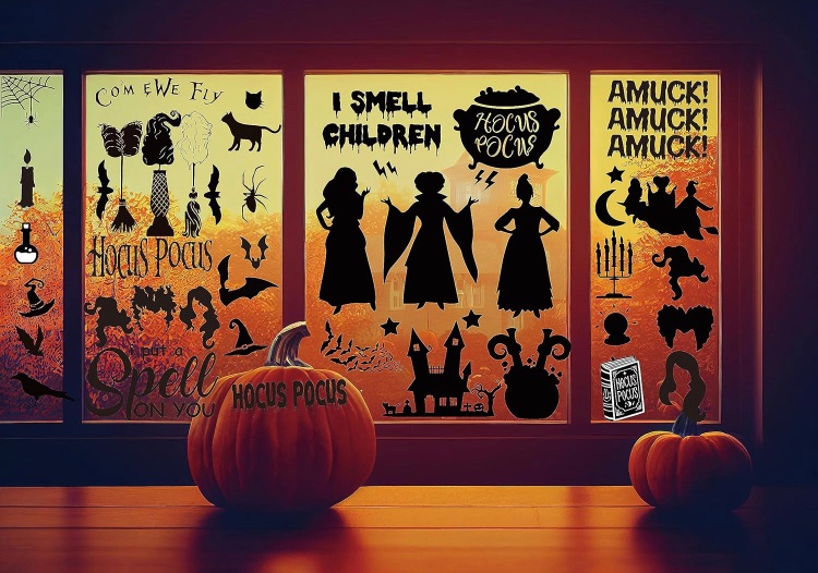 Photo 1 of 3 pack Hocus Pocus Decorations, Halloween Window Clings  I Smell Children Witch Sisters Decor Amuck Amuck Amuck Window Decorations Bat Spider Halloween Window Silhouette