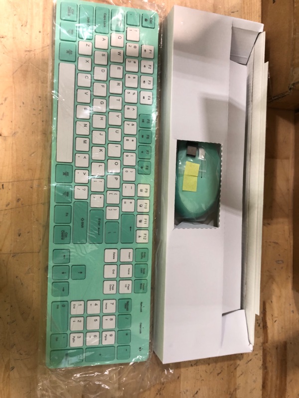 Photo 1 of POWZAN Wireless Keyboard and Mouse, Ultra Slim Compact Full Size Wireless Keyboard and Mouse Combo 2.4G Ultra-Thin Sleek Design for Windows, Mac, Computer, Desktop, PC, Notebook - (Green White)