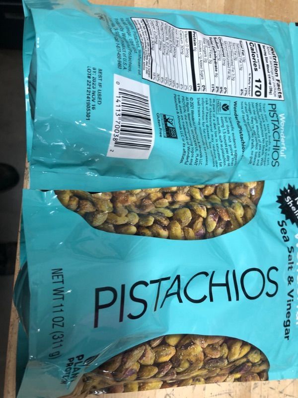 Photo 2 of **EXP DATE: 11/16/2023
2 PACK Wonderful Pistachios, No Shells, Sea Salt & Vinegar Nuts, 11oz Resealable Bag
Flavor Name:Sea Salt