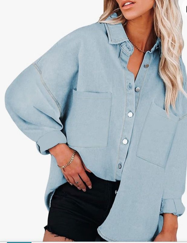 Photo 1 of Happy Sailed Womens Leopard Contrast Denim Jackets Oversized Long Sleeve Button Down Jean Shacket Jacket xl