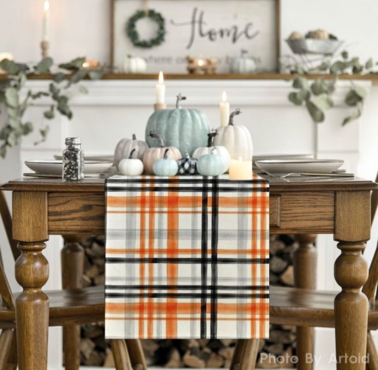 Photo 1 of 2  Mode Orange Black Buffalo Plaid Fall Table Runner, Halloween Kitchen Dining Table Decoration for Outdoor Home Party 13x72 Inch