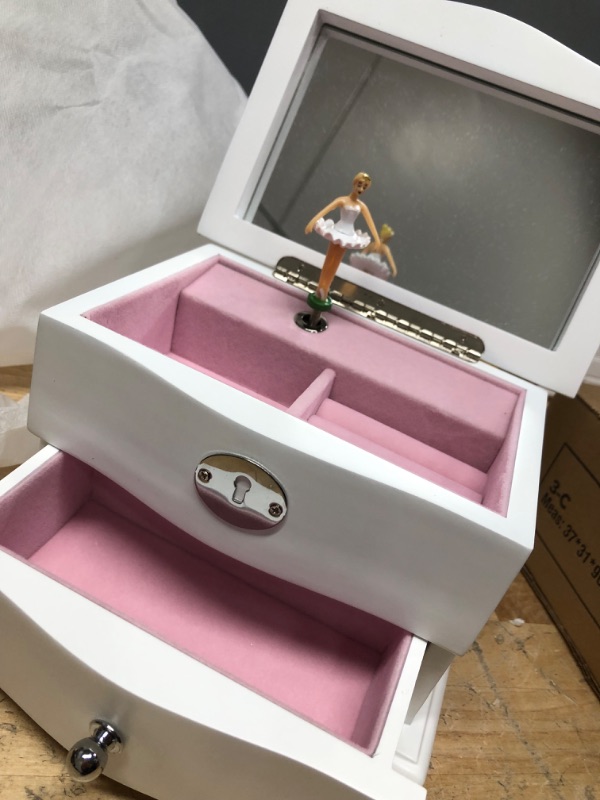 Photo 2 of BEAUDORA Jewelry Music Box Ballerina Musical Mechanism Bolero Melody White Finish Beige Velvet Lining