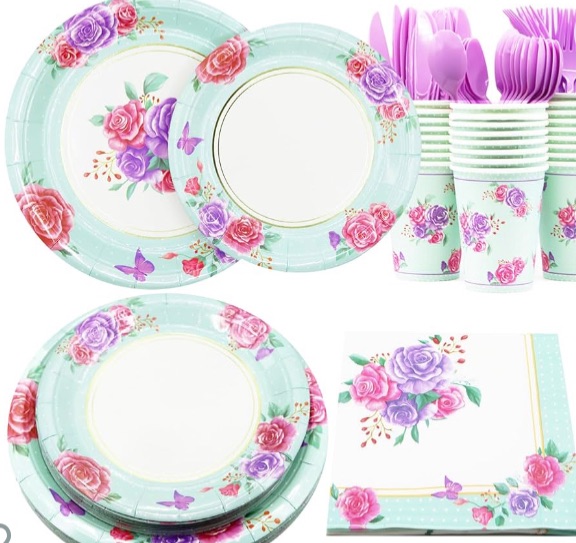 Photo 1 of 2 sets Decodinli Floral Party Supplies Serves 25, Floral Birthday Party Decorations, Floral Bridal Shower Paper Plates and Napkins, Floral Baby Shower Disposable Party Plates Set, Floral Party Tableware Set