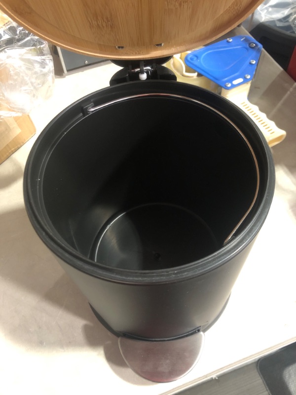 Photo 2 of * see images for damage * 
SIDIANBAN Small Bathroom Trash Can with Bamboo Lid Soft Close and Foot Pedal, 1.3Gal/5L Round Garbage Can 