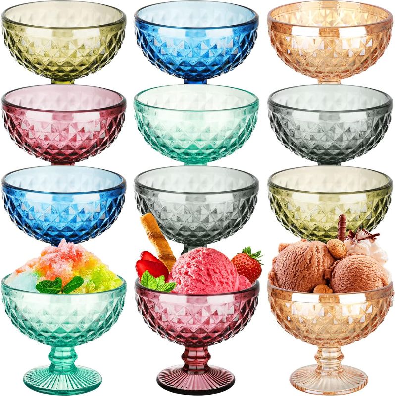 Photo 1 of 
Maxdot 12 Pack Ice Cream Glass Bowls Set 10 oz Colored Crystal Dessert Bowls Vintage Diamond Glass with Footed Sundae Snack Cups for Dessert Ice Cream Fruit...