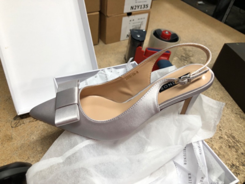 Photo 2 of ERIJUNOR Pointy Toe Pumps Mid Heels Wedding Evening Party Prom Slingback Satin Shoes
size 9