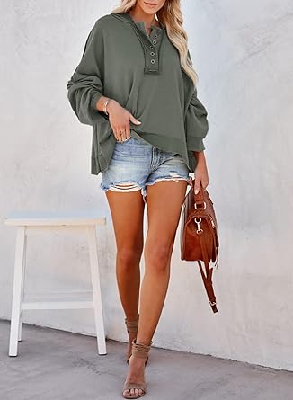 Photo 1 of HOTAPEI Women's Casual V Neck Button Up Long Sleeve Hoodies Cropped Pullover Hooded Sweatshirt Tops  gray/olive
med