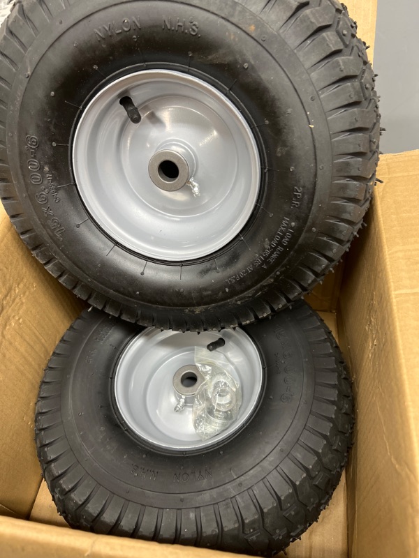 Photo 2 of (2 Pack) 15 x 6.00-6 Tire and Wheel Set - for Lawn Tractors with 3/4" Sintered iron bushings 15" x 6.00-6" Silver