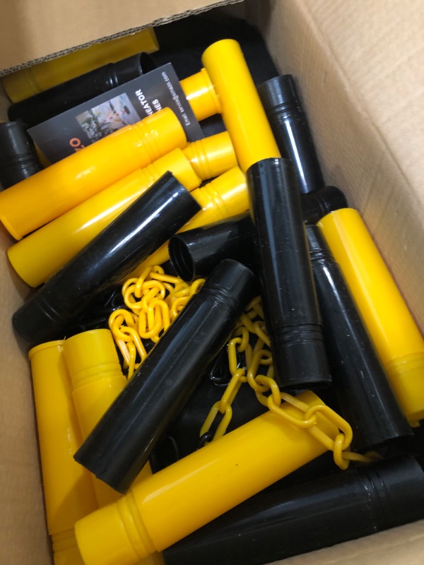 Photo 3 of (USED AND Bases didn't hold water) SIMAZO 4 Pack Traffic Delineator Post Cones with Fillable Base, Adjustable Plastic Safety Barrier with 5Ft Plastic Chain, Outdoor and Indoor Crowd Control Stanchion for Traffic Control and Warning Normal Yellow+Black 4