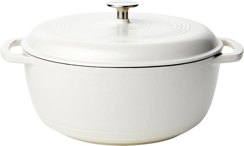 Photo 1 of Amazon Basics Enameled Cast Iron Covered Round Dutch Oven, 7.3 Quart, Matte White
