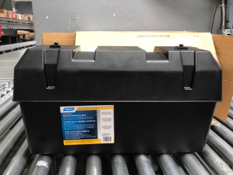 Photo 2 of Camco Heavy Duty Double Battery Box with Straps and Hardware - Group GC2 | Safely Stores RV, Automotive, and Marine Batteries | Measures Inside 21-1/2" x 7-3/8" x 11-3/16" | (55375) Frustration Free Packaging Double Battery Box