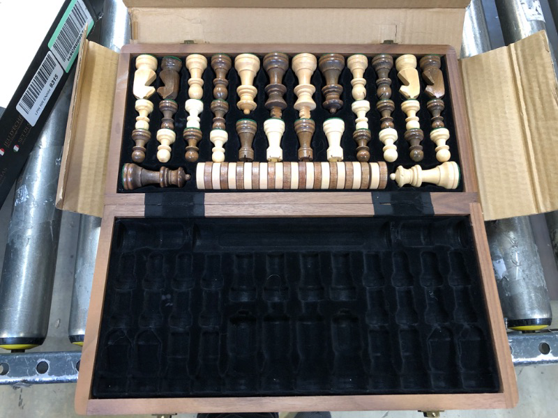 Photo 3 of A&A 15 inch Wooden Folding Chess & Checkers Set w/ 3 inch King Height Staunton Chess Pieces - Walnut Box w/ Walnut & Maple Inlay Non-magnetic / with Checkers Walnut Box W/ Walnut & Maple Inlay