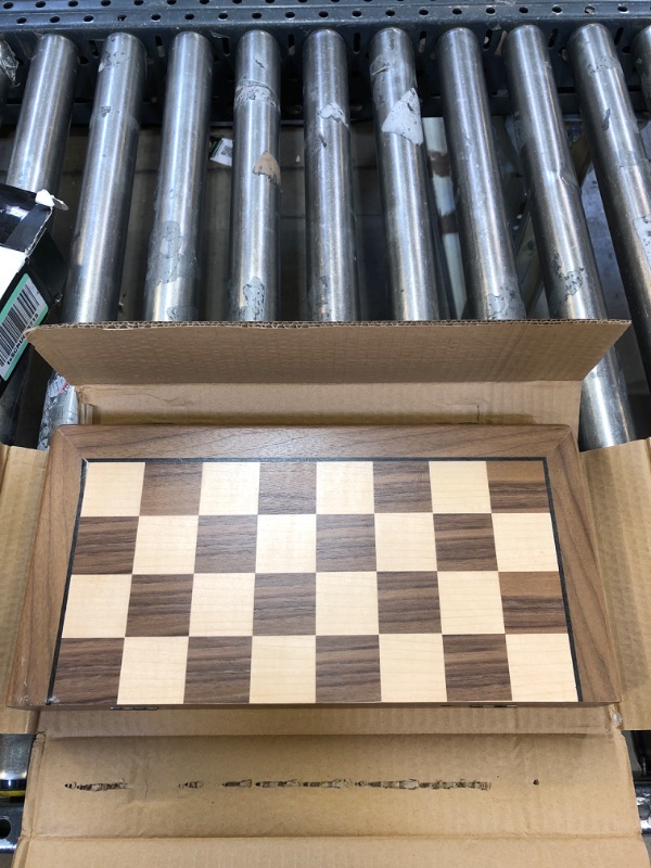 Photo 2 of A&A 15 inch Wooden Folding Chess & Checkers Set w/ 3 inch King Height Staunton Chess Pieces - Walnut Box w/ Walnut & Maple Inlay Non-magnetic / with Checkers Walnut Box W/ Walnut & Maple Inlay