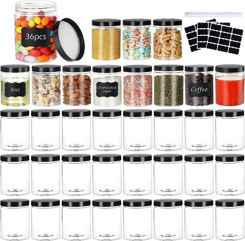Photo 1 of 36Pcs 8oz Empty Plastic Jars with Screw On Lids, Pen and Labels Refillable Empty Round Slime Cosmetics Containers, Wide-Mouth Jar for Kitchen and Household Food Storage of Dry Goods, Makeup, Butter, Creams
