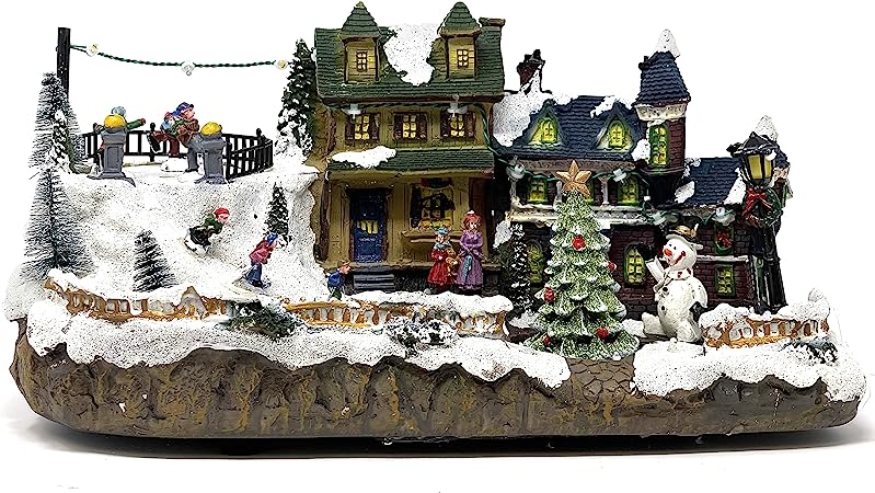 Photo 1 of allgala Crafted Polyresin Christmas House Collectable Figurine with USB and Battery Dual Power Source-Skaters and Turning Tree-XH93432

