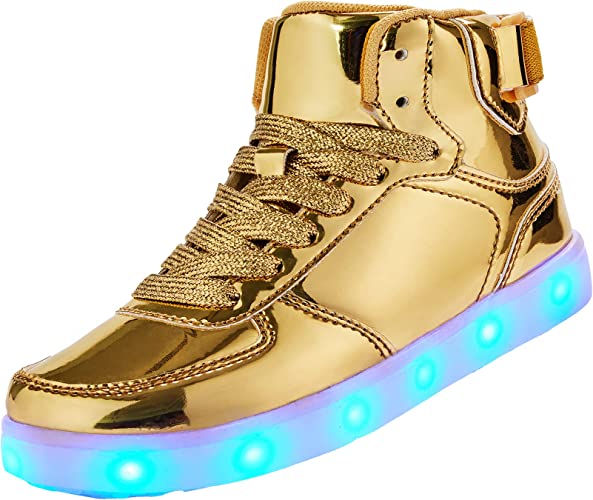 Photo 1 of KFHQE Unisex LED Shoes Fashion Light Up High Top Shoes, Breathable USB Charging Light Up Sneakers Glowing Luminous LED Shoes for Men 12/12.5  Women 14  GOLDEN