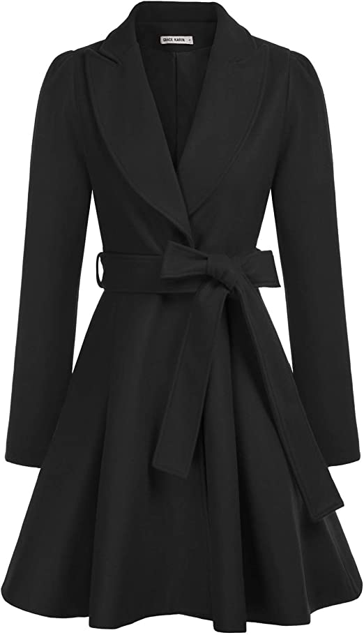 Photo 1 of GRACE KARIN Women's Notch Lapel Long Puff Sleeve a Line Pea Coat with Self Tie Belt