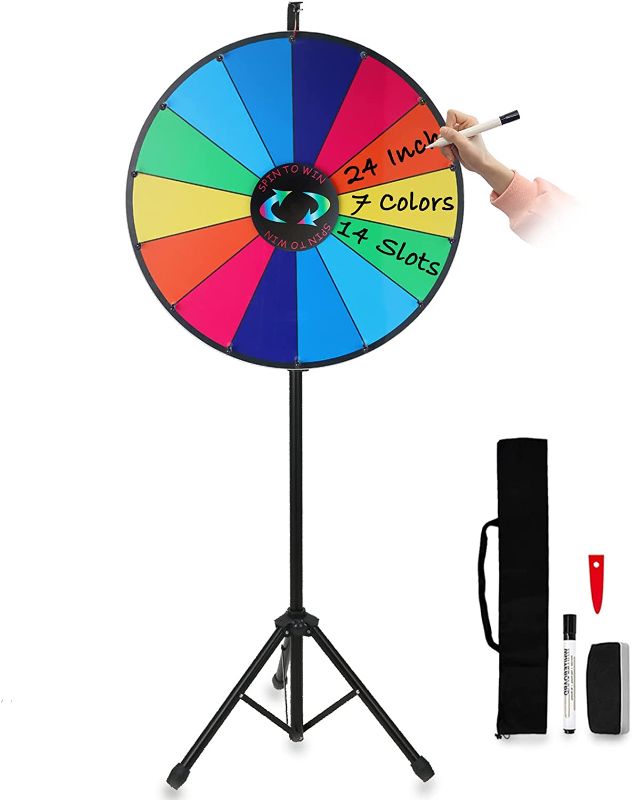 Photo 1 of 24" Prize Wheel with Folding Tripod Floor Stand Height Adjustable 14 Slots Spin Wheel for Prizes with Dry Erase Markers & Eraser for Carnival Trade Show