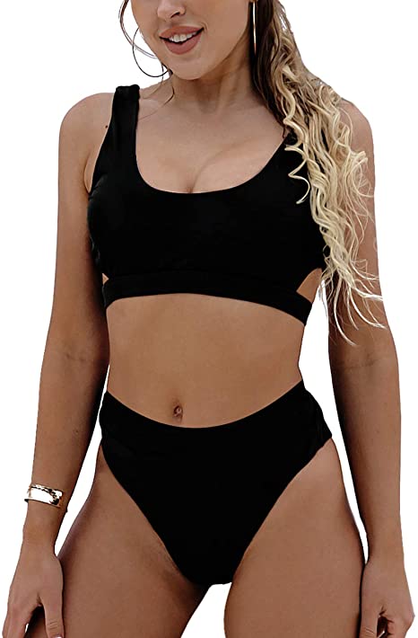Photo 1 of Blooming Jelly Women's High Waisted Swimsuit Crop Top Cut Out Two Piece Cheeky High Rise Bathing Suit Bikini SIZE L