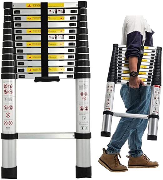 Photo 1 of 3.8M Folding Ladder - Aluminum Telescopic Extension Soft Close Climb Folding Step Ladder Extends - Climb Up to Loft or Attic w/Multi-Functional Work Ladders 