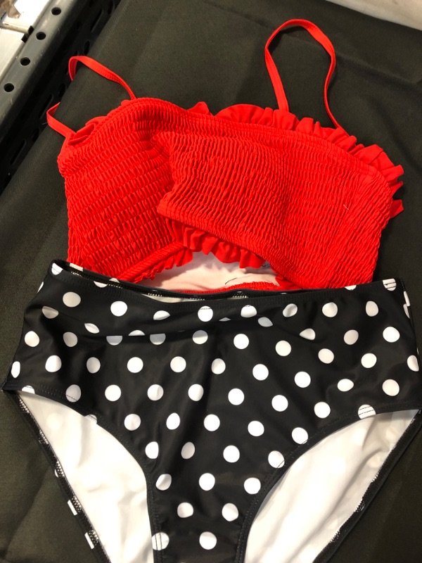 Photo 2 of Yonique Women's Two Piece Swimsuits Bandeau Bikini Set Smocked Off Shoulder Bathing Suit with High Waisted Bottoms Red Polka Dot Medium