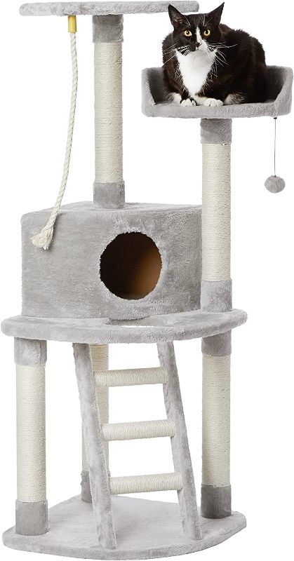 Photo 1 of Amazon Basics Cat Condo Tree Tower With Scratching Post And Step Ladder - 19 x 19 x 52 Inches, Light Grey