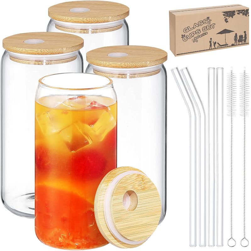 Photo 1 of 4 Pack Drinking Glasses Glass Cups 16 oz Can Shaped Tumbler Glass with Bamboo Lids and Straws Large Drinking n Cups for Ice Soda Tea Iced Coffee Glasses Cups Birthday Gifts