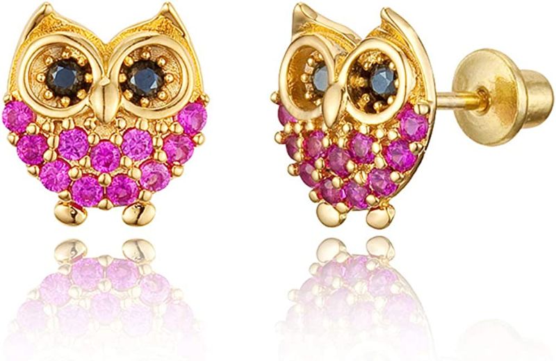 Photo 1 of 14k Gold Plated Brass Red Owl Cubic Zirconia Screwback Baby Girls Earrings with Sterling Silver Post