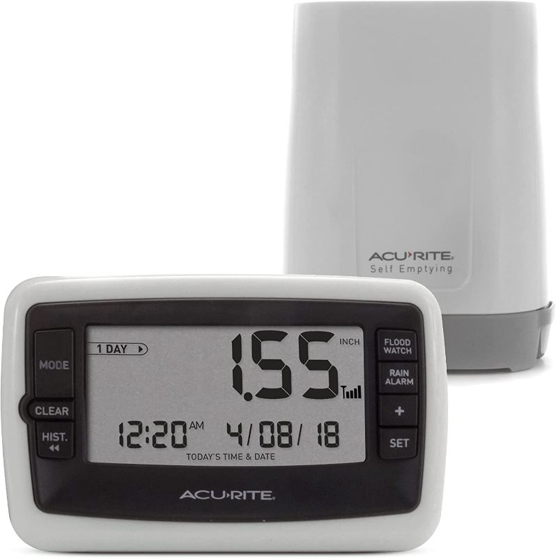 Photo 1 of AcuRite Wireless Digital Rain Gauge with Self-Emptying Collector with Rainfall History, Alerts, and Current Date and Time (00899), Multicolor