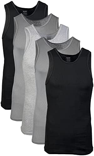 Photo 1 of Gildan Men's A-shirt Tanks, Multipack, Style G1104, Grey/Black (5 Pack), Small - SMALL - MISSING 1 TANK TOP - ONE OF THEM WAS TRIED ON BUT THE OTHER 3 ARE NEW -