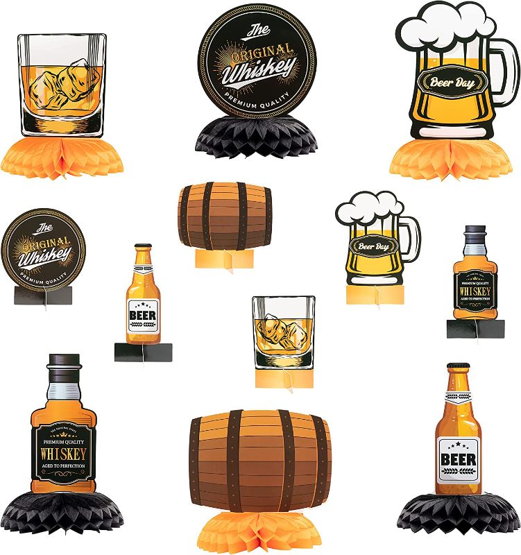 Photo 1 of 12Pcs Whiskey Honeycomb Centerpieces, Table Topper for Whiskey and Beer Birthday Party Decoration, Double Sided Cake Topper Party Favor, Party Supplies for Adult, Photo Booth Props and Family Party