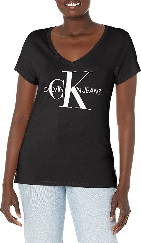 Photo 1 of Calvin Klein Women's Foil Monogram Logo V-Neck Short Sleeve Iconic Tee - SMALL -