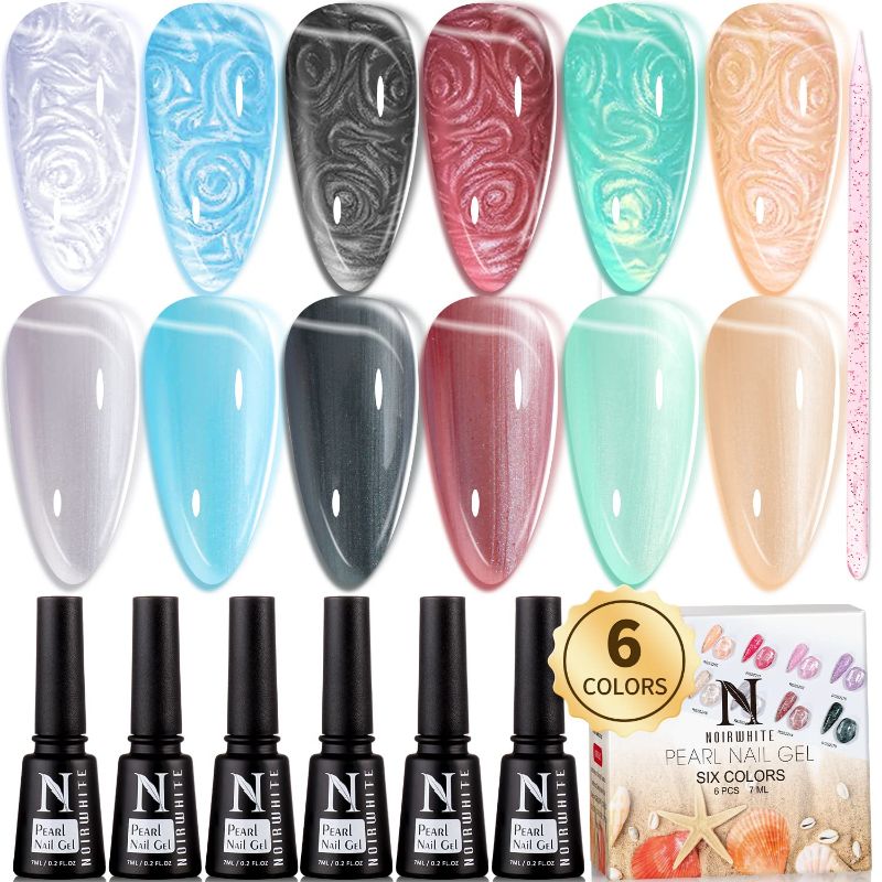 Photo 1 of (LOT OF 2) noirwhite Pearl Gel Nail Polish Set 6 Colors Glitter Iridescent Gel Nail Polish Drawing Pearl Gel Polish Shimmer Mermaid Shell Thread Nail Gel Soak Off Gel Nail Polish
