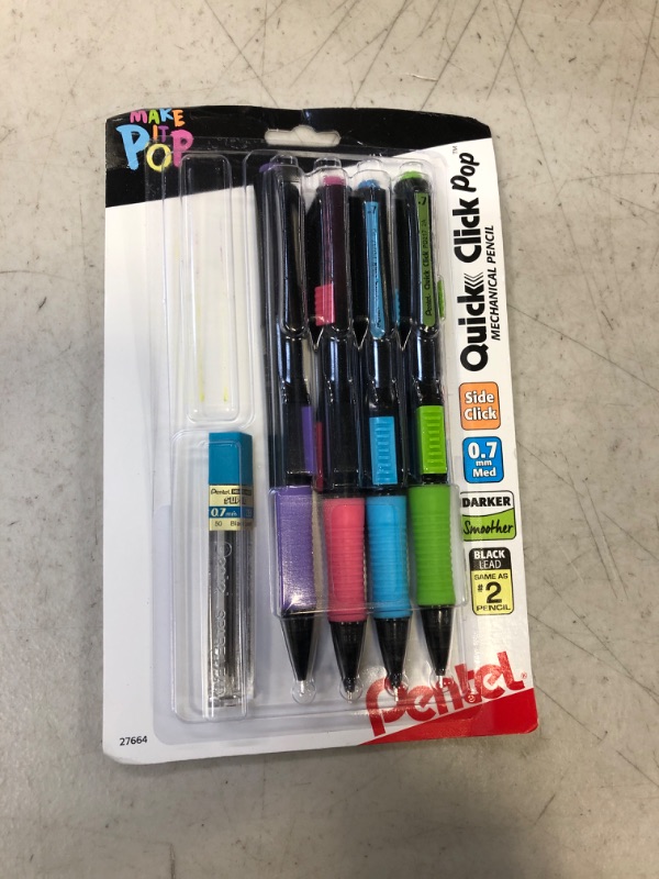 Photo 1 of Pentel Quick Click Pop Mechanical Pencil, (0.7mm) Medium 2B Lead, with 2B Lead and (2) Eraser Refills, 4-PK (PD217ALEBP4) 4 Count (Pack of 1) Assorted with Erasers