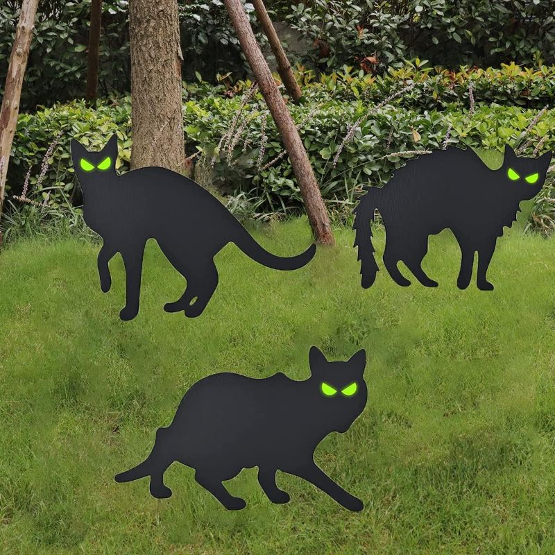 Photo 1 of [5 Pack] Halloween Black Cat Yard Signs Black Cat Lawn Decorations Outdoor, Scary Family Home Front Yard Signs Halloween Decorations for Outdoor Yard Decor

