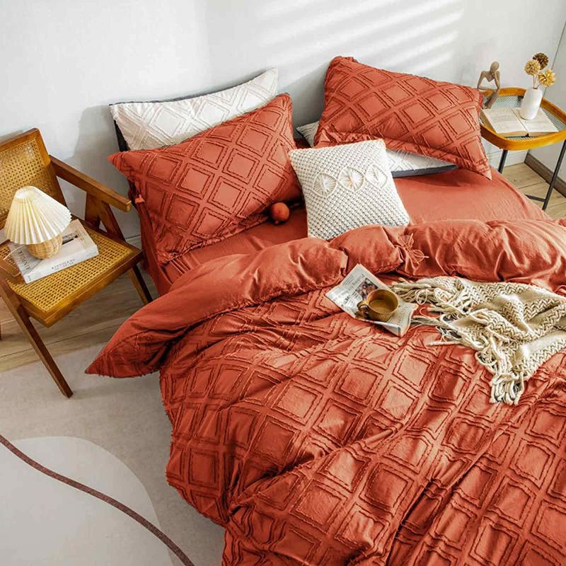 Photo 1 of  Comforter Set, Burnt Orange Boho Tufted Jacquard Soft Shabby Chic Down Alternative Microfiber Modern Bedding All Season Farmhouse Duvet Bed Sets Women Men, 3Pc Terracotta
