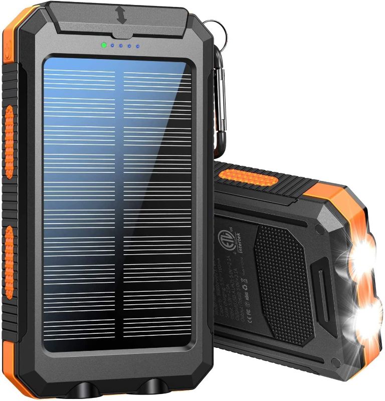 Photo 1 of Solar Power Bank 36800mAh Portable Solar Charger 5V3.1A,18W PD QC 3.0 Dual 2 USB,LED Flashlights Port Strong LED IPX7 Flashlight,Waterproof, Dustproof, Shockproof (COLOR RED)
