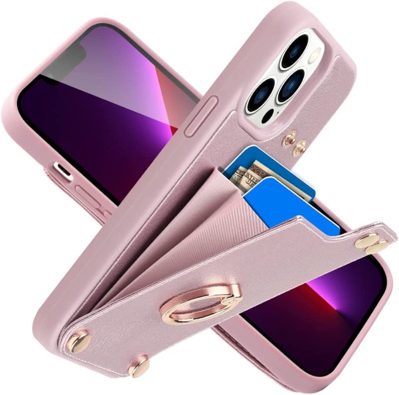 Photo 1 of LAMEEKU Compatible with iPhone 13 Pro Wallet Case 6.1'', Leather Case with Card Holder, 360°Rotation Ring Stand, RFID Blocking Snap Button Protective Case Designed for Apple iPhone 13 Pro Rose Gold
