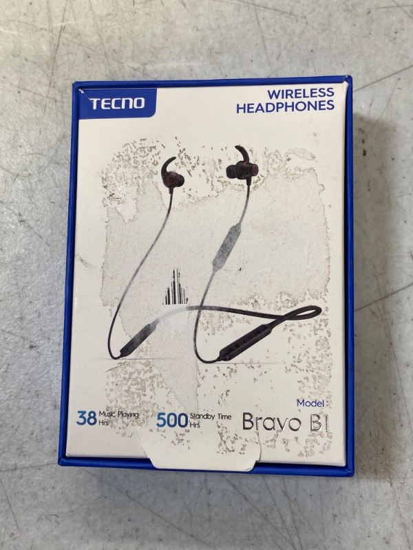 Photo 2 of TECNO B1 Bluetooth Headphones, Bluetooth Earbuds Wireless with 38Hrs Playtime, Wireless Bluetooth Headphones for Sports, Sweatproof & IPX5 Waterproof Wireless Headphones Black / ONLY PACKAGING HAS MINIMAL DAMAGE 