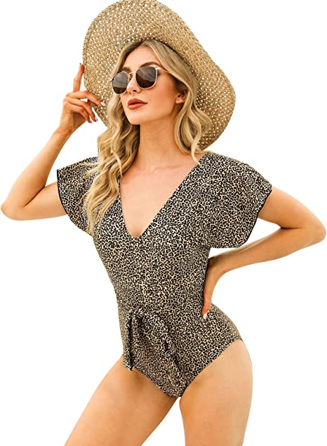 Photo 1 of Byinns Women's V-Neck One-Piece Swimsuit with Belt Floral Printed Bathing Suits Ruffle Sleeve Swimsuits Swimwear
