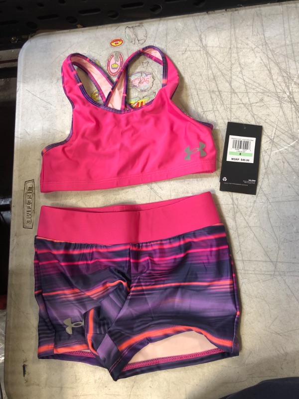 Photo 2 of Under Armour Girls' Bikini and Shorts Swim Set Electro Pink Stripe SIZE 8