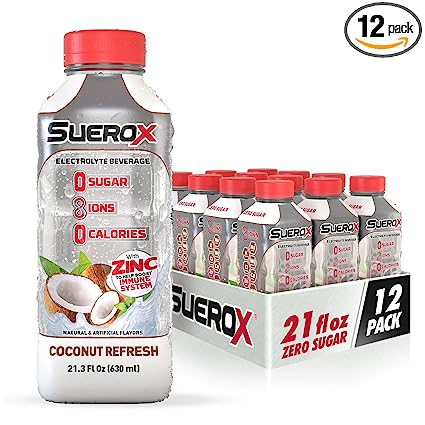 Photo 1 of  03-11-2023------------SueroX Zero Sugar Electrolyte Drink for Hydration and Recovery, Unique Blend of Electrolytes & 8 Ions, Zero Calorie Sports Drink, 21.3 Fl Oz, Coconut Refresh, 12 Count
Visit the SueroX Store